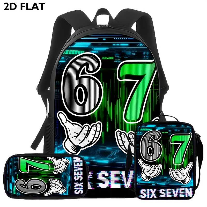 TEMU 3pcs Set 67 Theme Backpack With Pencil Case And Crossbody Bag - Large Capacity School Bag, Adjustable Shoulder Straps, Internal Laptop