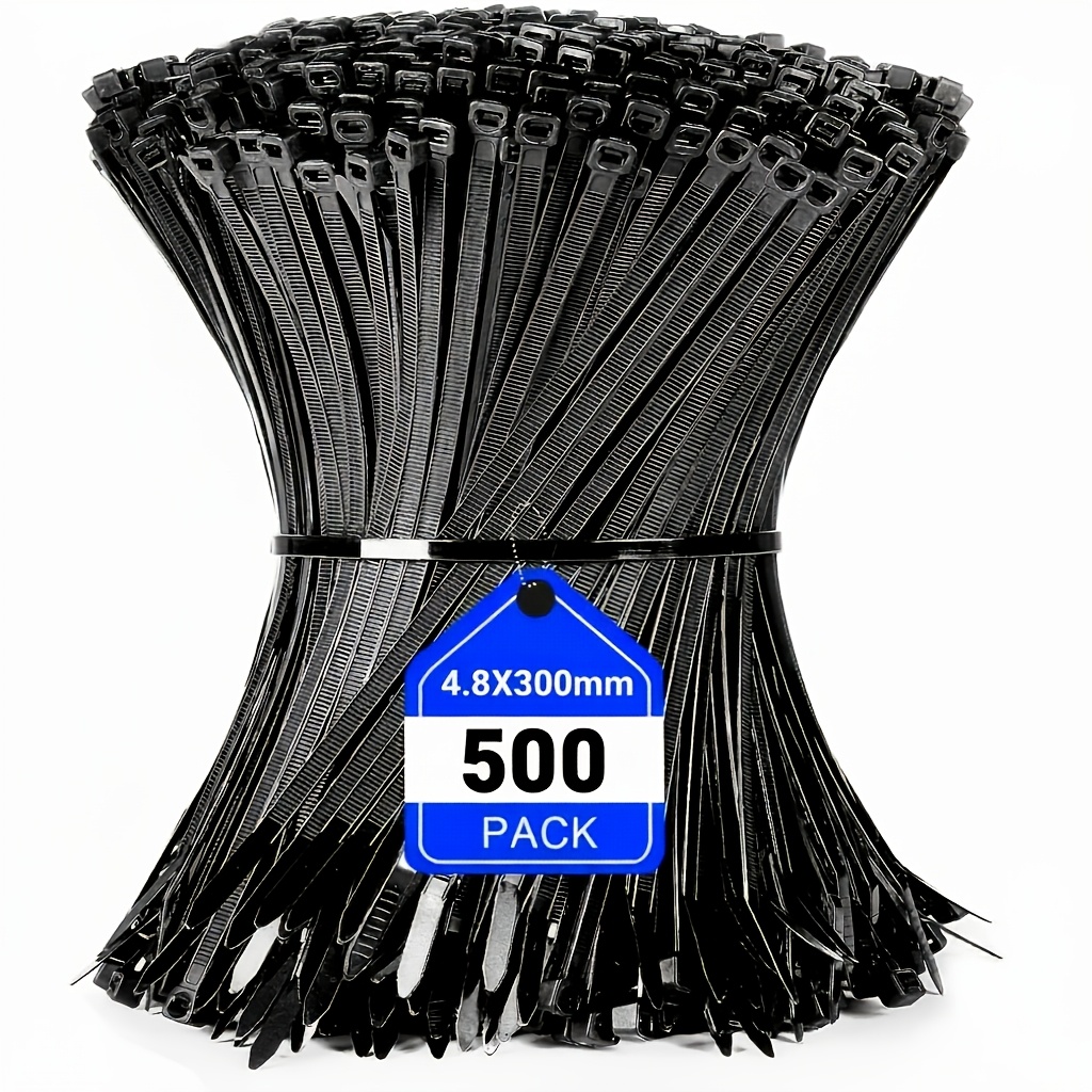 TEMU 1 Pack Of 500 High-quality Black Nylon Cable Ties, Heavy-duty, Strong And Durable, With A Tensile Strength Of 50 Lbs. Multi-functional, Suitable