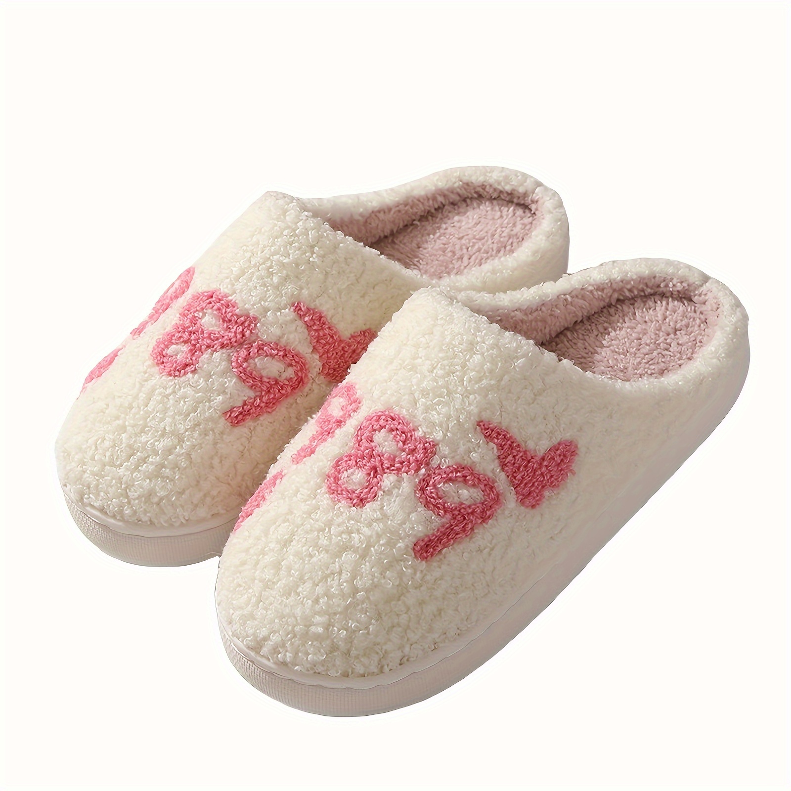 

Fuzzy Memory Foam Slippers, Slip-on House Warm Plush Indoor Slippers With Cute Embroidery, Comfy Bedroom Slippers
