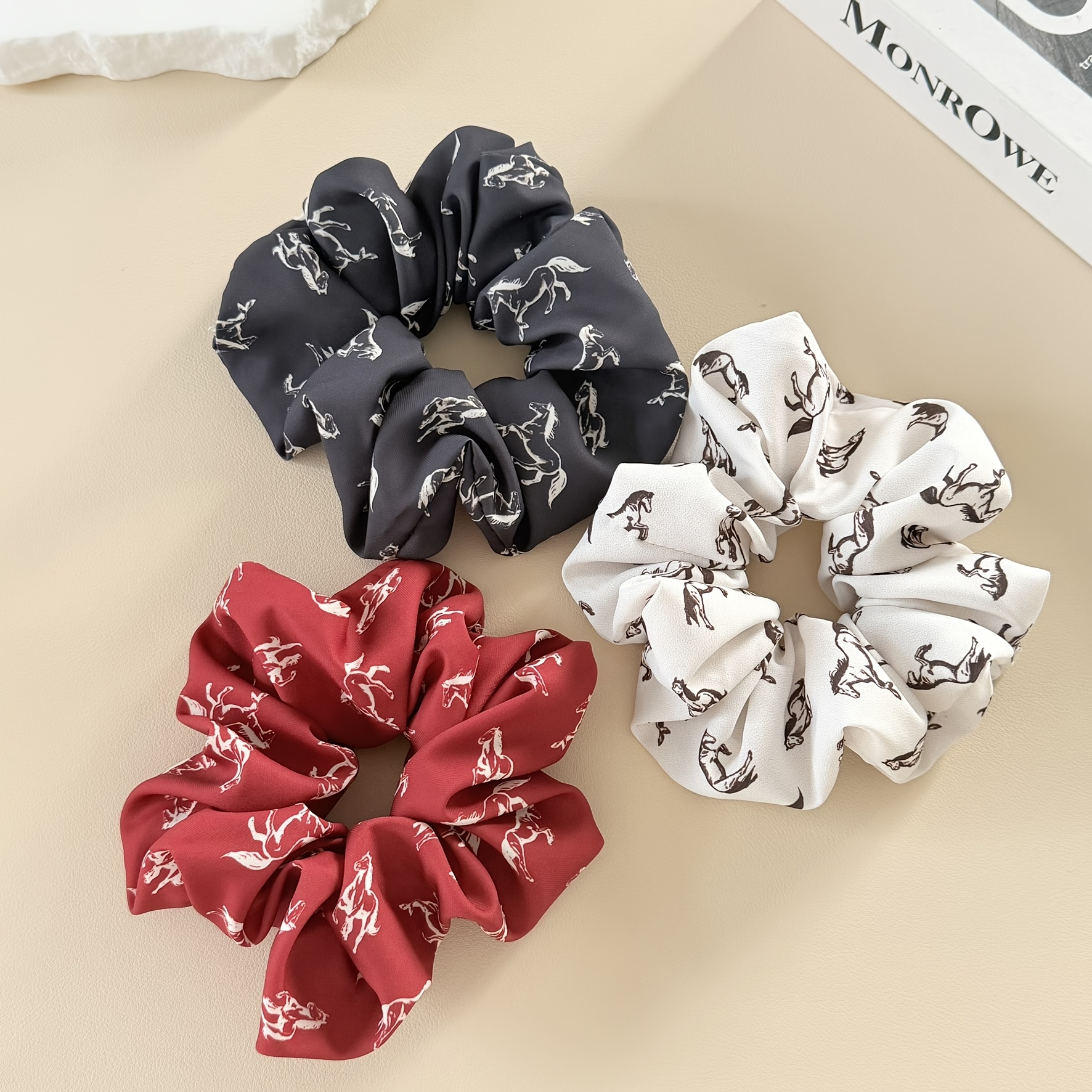 TEMU 3pcs (spring/summer) Element Fabric Horse Pattern Printed Scrunchies, Women's High Ponytail Messy Bun Hair Ties, Suitable For Daily Casual,