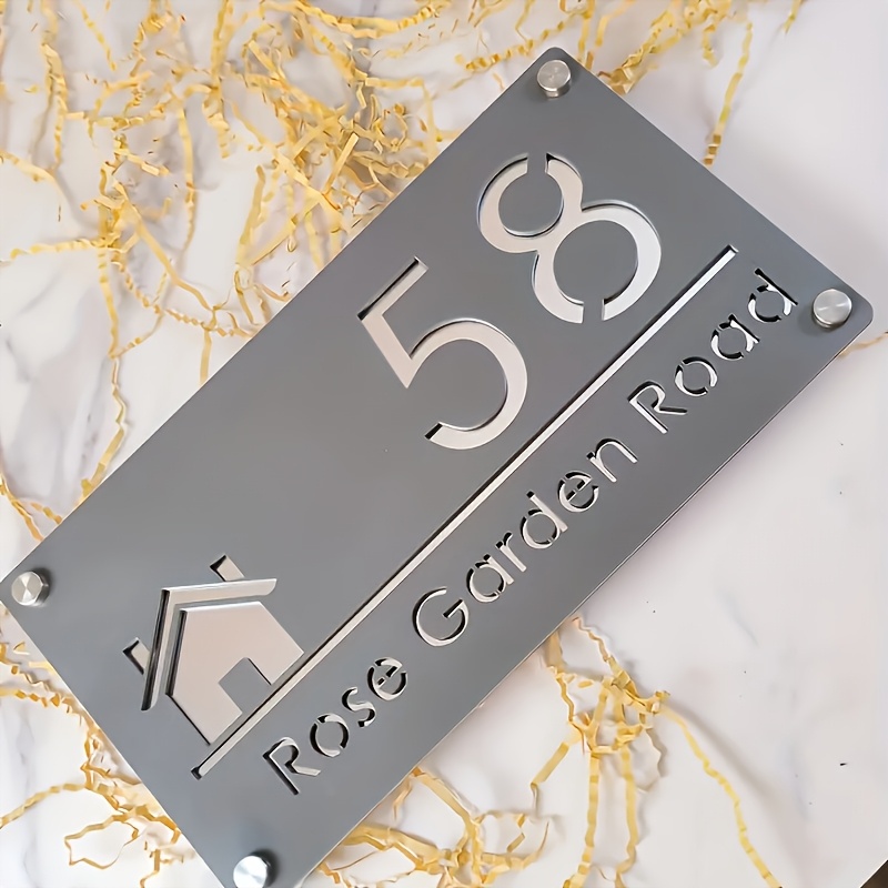 TEMU Placa de Dirección Personalizada Acrílica Mate Negra Plateada para Exterior, Duradera, Fácil de Instalar, Placa Decorativa con Diseño 2D