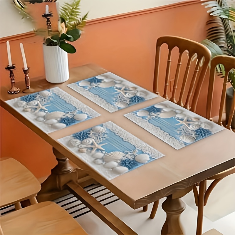 Set van 2/4/6 placemats met zeester- en schelpmotieven, rechthoekig, machinewasbaar, polyester materiaal, beschermt de tafel, geschikt voor_voghion.com