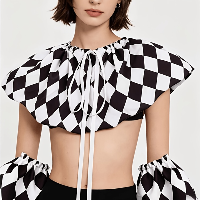TEMU Halloween Carnival Party Black And White Checkered Decoration Collar Clown Role-play Additions Fake Collar Stage Performance Costume Detachable
