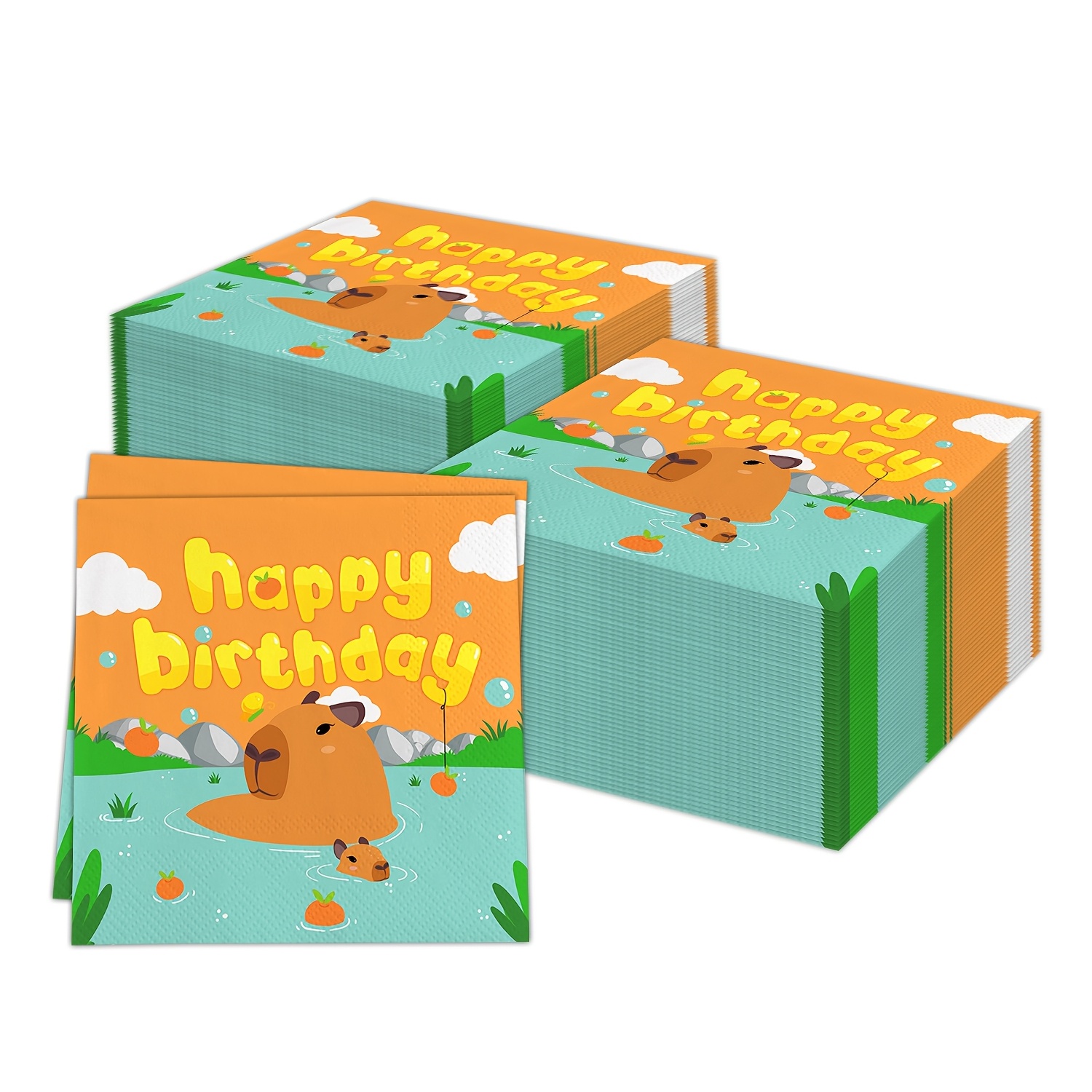 

20pcs Capybara Party Napkins - Cute Cartoon Orange Disposable Paper Napkins With "" Design, 3-ply For Extra Durability, ' Birthday & Shower Celebrations, Birthday Napkins