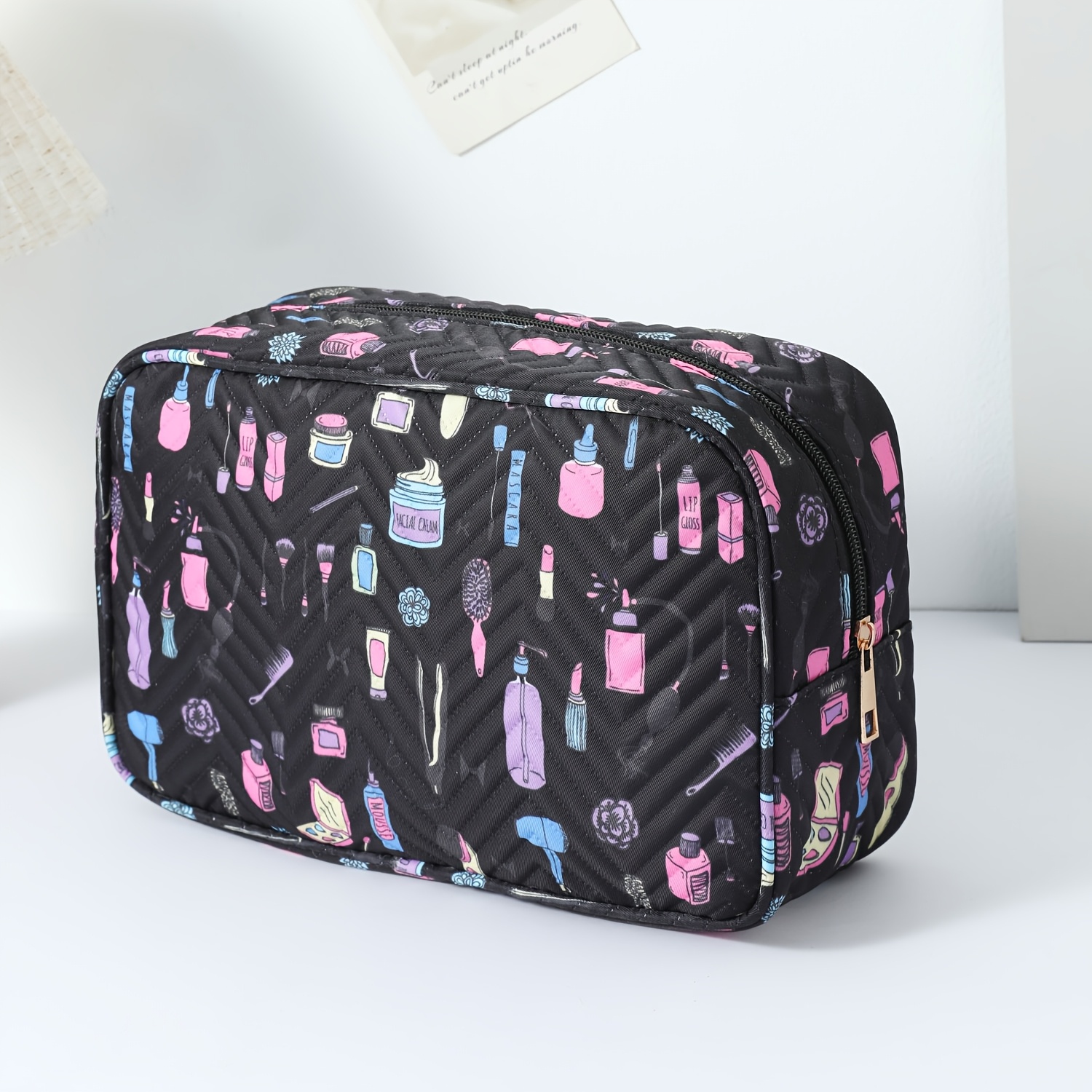 TEMU [random Print Placement] Large Capacity Quilted Print Cosmetic Bag, Portable Lightweight Cute Travel Toiletry Bag, Thickened Wear-resistant