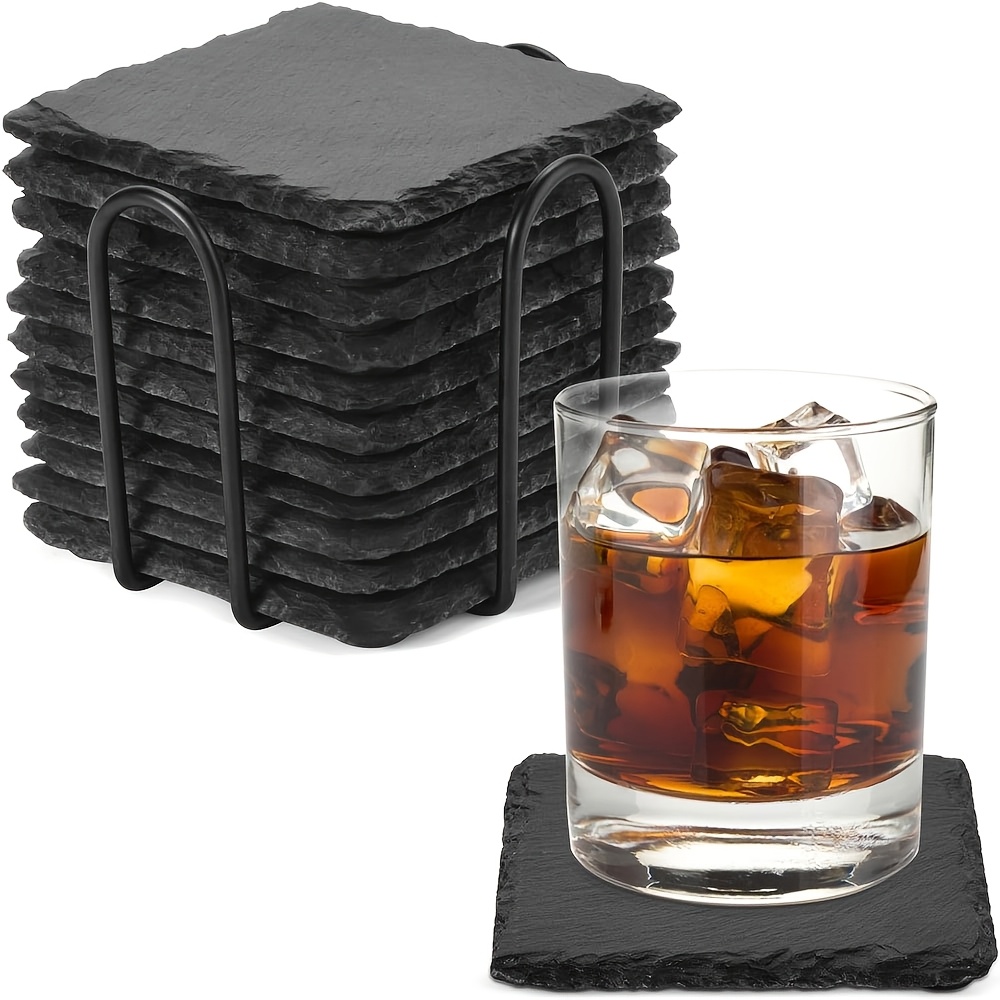 Dofiki 12pcs Square Slate Coasters With Holder, 4 Inch (. 10cm) Stone Coasters, For Laser Engraving, Painting, Home Office, Bar, Mugs, Outdoor Picnic, Housewarming Gift Wedding Party, Holiday Gifts