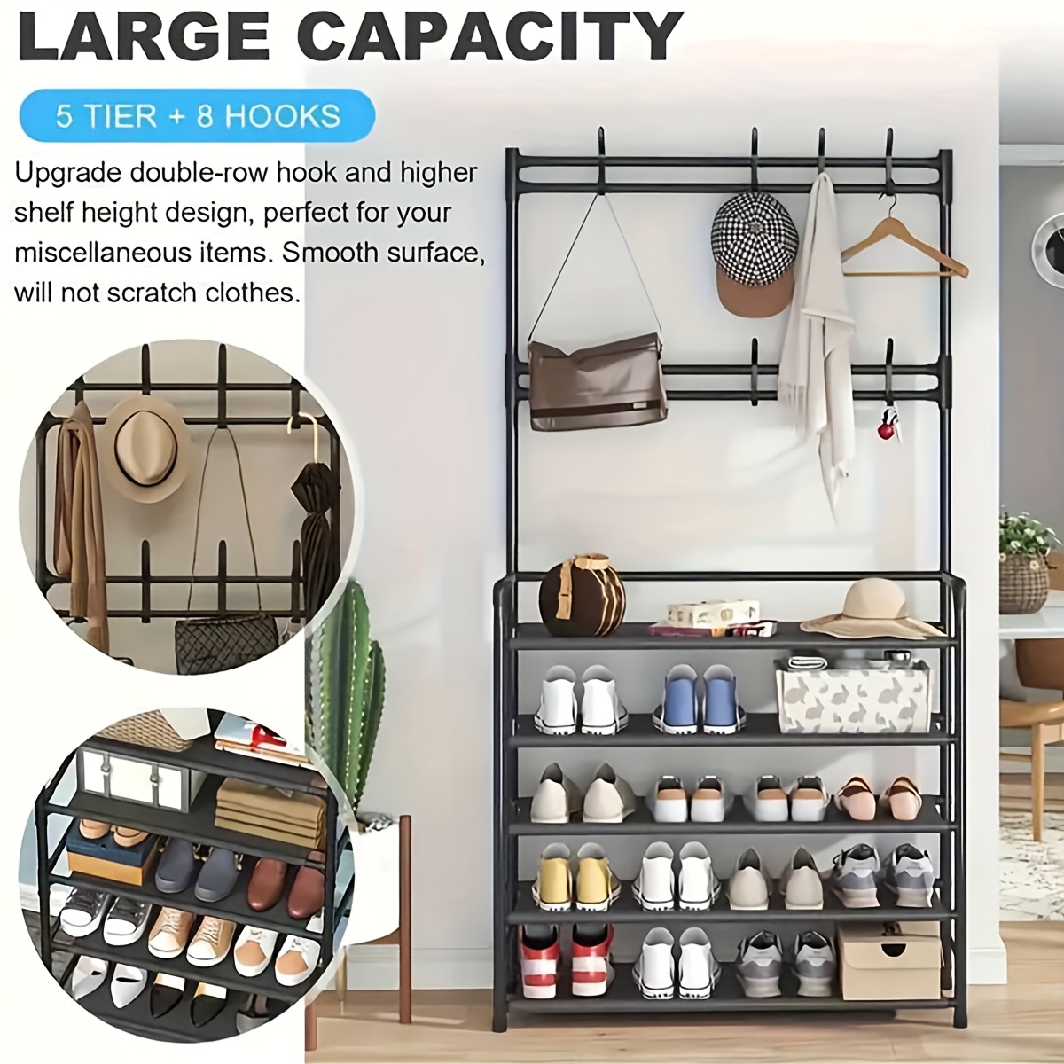 Elegant Black Household Coat Rack with Five-Tier Large-Capacity Integrated Design: Meets the Entire Family's Shoe Storage Needs, Eliminating Entryway Clutter. A Multifunctional Storage Shoe Cabinet and Coat Rack with Multi-tier Shelving