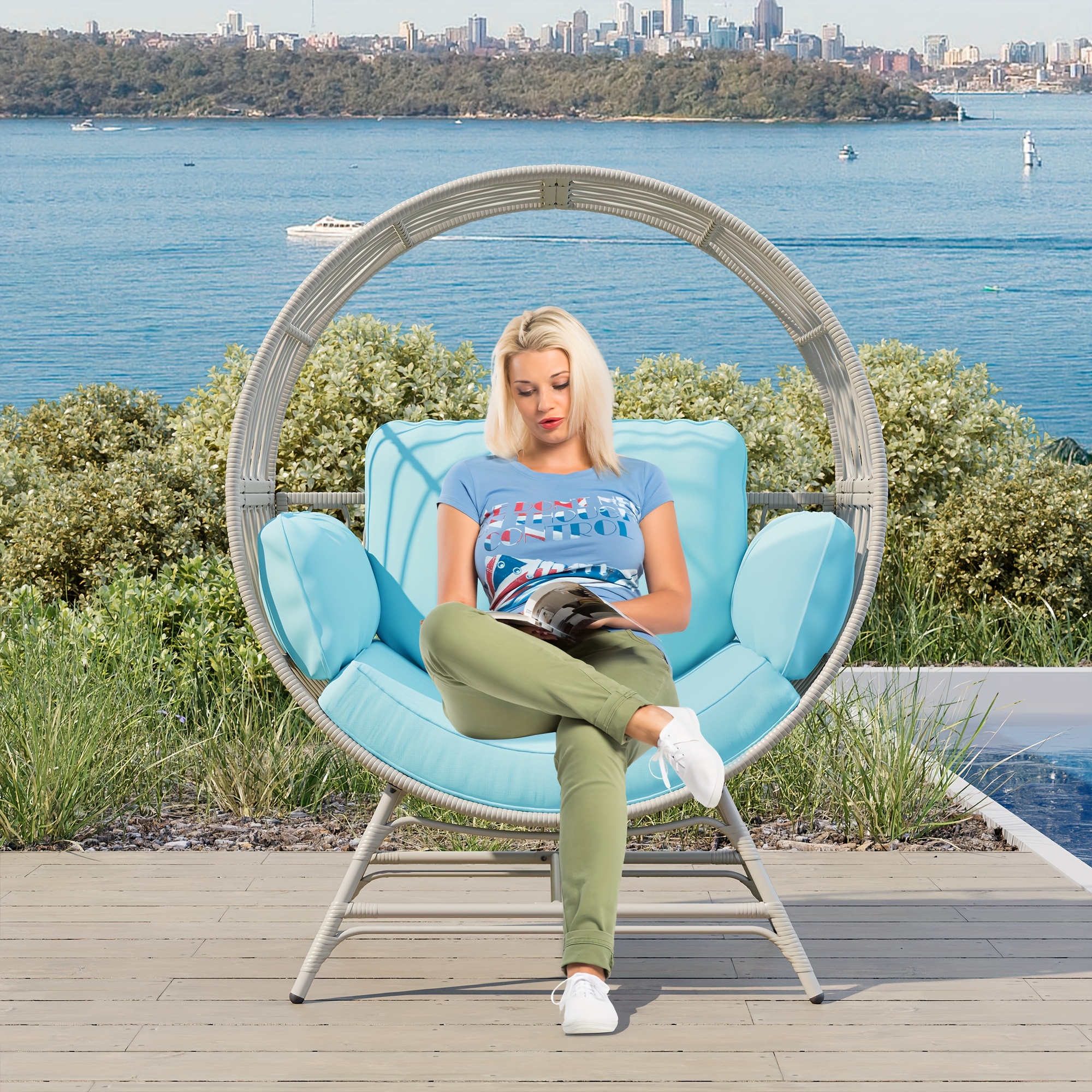 Wicker Round Egg Chair, Oversized Outdoor Lounger For Patio, W/ Cushions  330lbs, Rattan Moon Chair For Napping, Patio Lounger, Lightwe