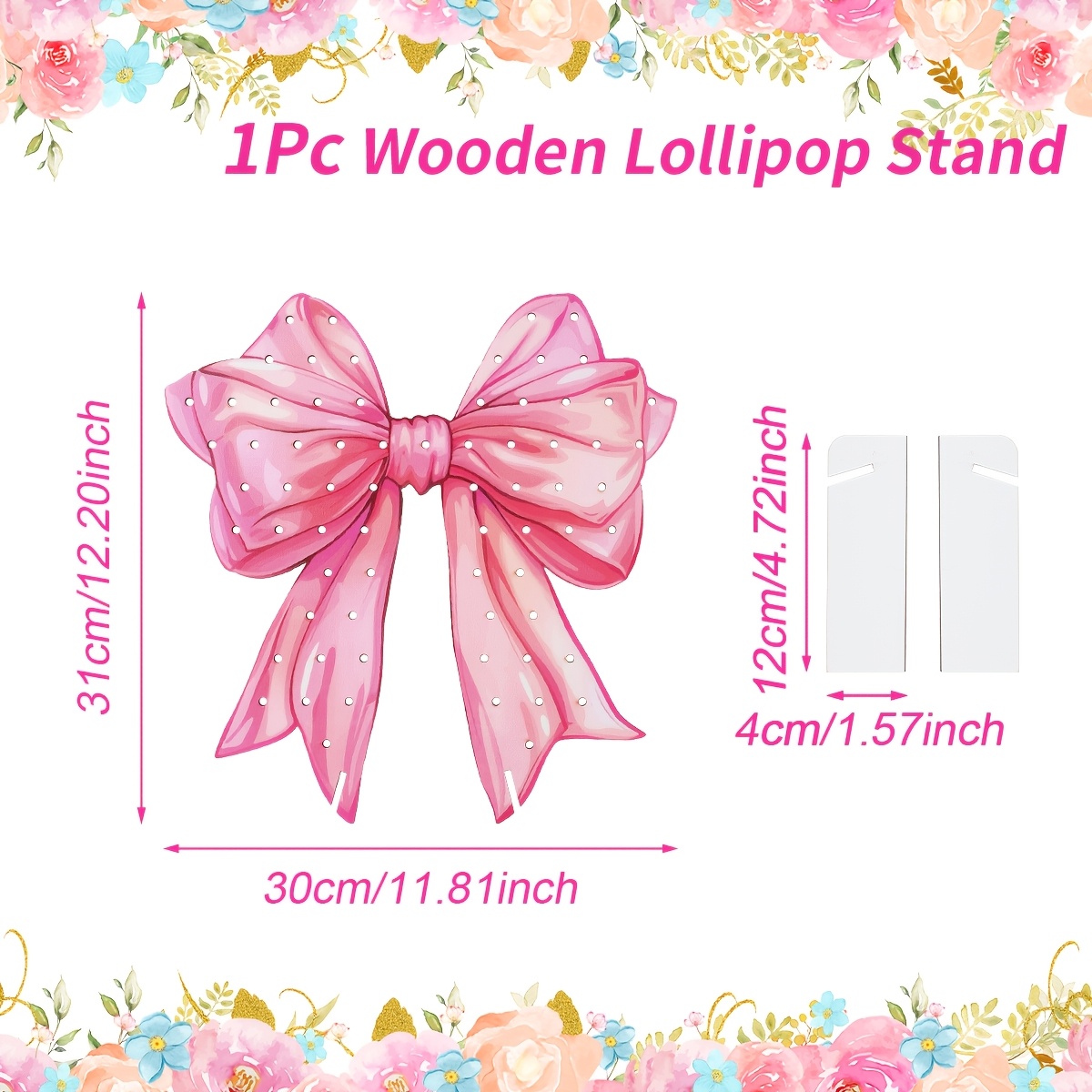 E-shop Ein Lollipop-Ständer aus Holz in Schleifenform, zum Ausstellen in Rosa. Ideal für Geburtstagsfeiern, Babypartys, Hochzeitsreceptions und