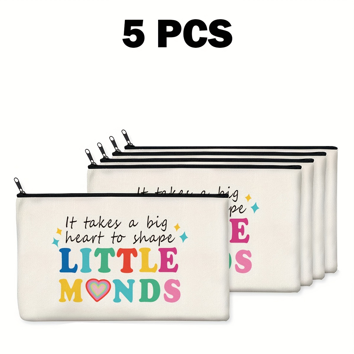 

5pcs Teacher-themed Canvas Zipper Pouches - Makeup, Stationery & Jewelry Bags For School, Home - White, Best For Christmas, Thanksgiving