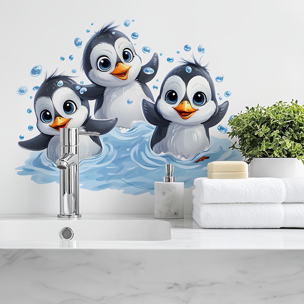 1pc29*40cm 3 Penguins Playing In The Sticker - Cute Arctic Animal Theme Sticker, Self-adhesive Removable Bathroom Wall Decoration, Fun Family Style Toilet Decoration Supplies
