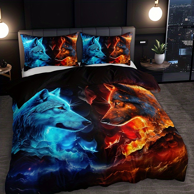 

3pcs Wolf & Flame Duvet Cover Set - Soft, Breathable Polyester Bedding For All , Includes 1 Duvet Cover And 2 Pillowcases (inserts Not Included)