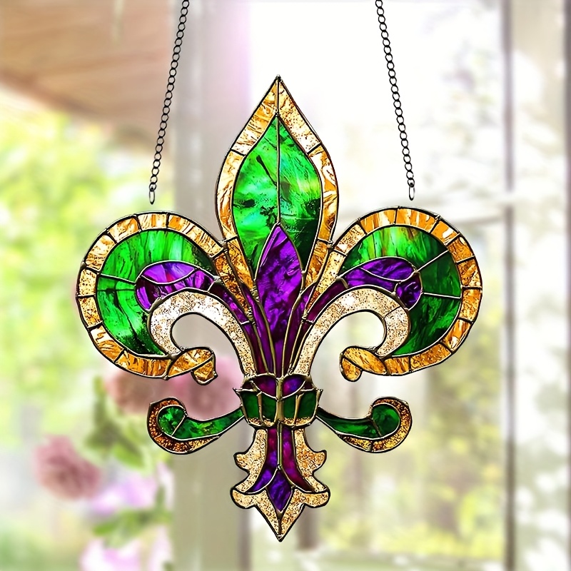 

1pc Mardi Gras Lily Sun - 8"x6.8" Acrylic Stained Plastic Window Hanging, Festive Wall Art For Prom, Outdoor & Indoor Decor, Farmhouse Style Room Accent, Holiday Gift Idea