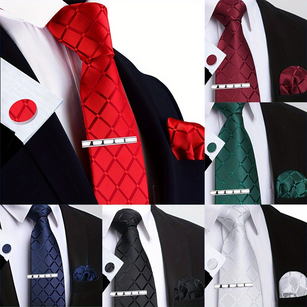 

Elegant Men's 4pcs Tie Set With Plaid Design - Includes Classic Fashion Necktie, Pocket Square, Cufflinks & Clip For Weddings And Business Events Tie Clips For Men
