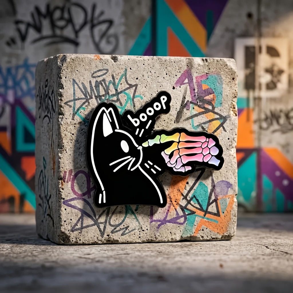 Image of 1 'booop' Black Cat Enamel Pin, Gradient Skeleton Hand Brooch, Gothic-style Cute Lapel Pin, Suitable For Backpacks, Jackets, And Bags