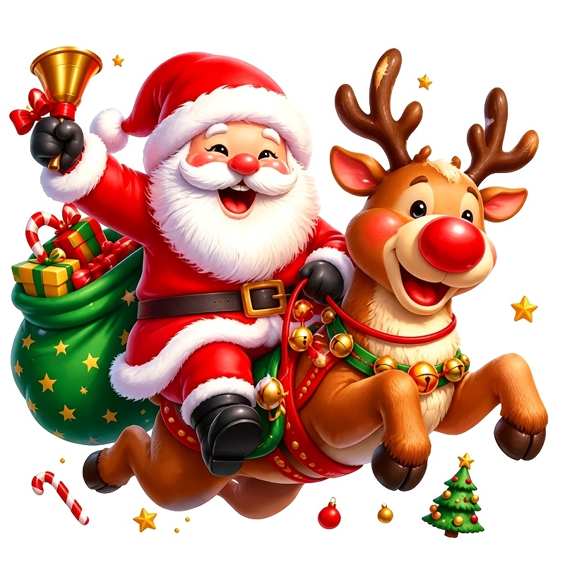 TEMU 6-inch Santa Claus Riding A Reindeer Gifts Vinyl Sticker, Shiny Self-adhesive Decoration, Suitable For Laptops, Walls, Metal Surfaces - Single