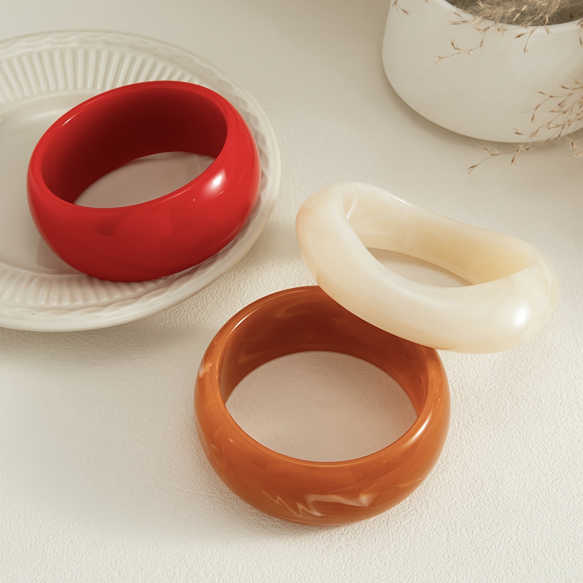 3pc Wide-Style Resin Bangle Set, Teardrop & Round Design