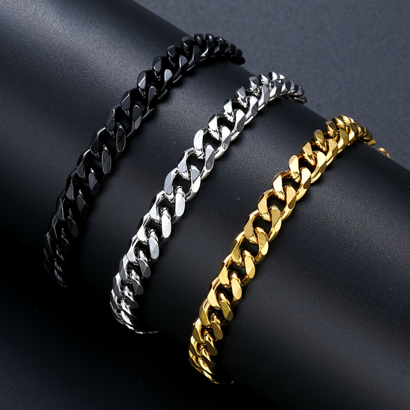 TEMU 3pcs Set Of Stainless Steel Cuban Link Bracelets, Suitable For Daily Wear And Various Occasions, For Gifting