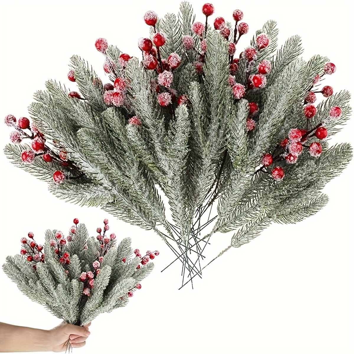 

30pcs Christmas Artificial Snow- Pine Branches And Berries Set, Plastic Stems With Faux Pine For , Tree Decor, Table Centerpieces, And Party Arrangements