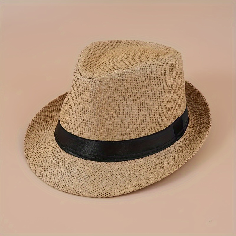 

2pcs A Stylish Decorative Jazz Style Straw Hat, Plain Color Lightweight Retro Straw Woven Sun Hat, English Travel Trilby Hat