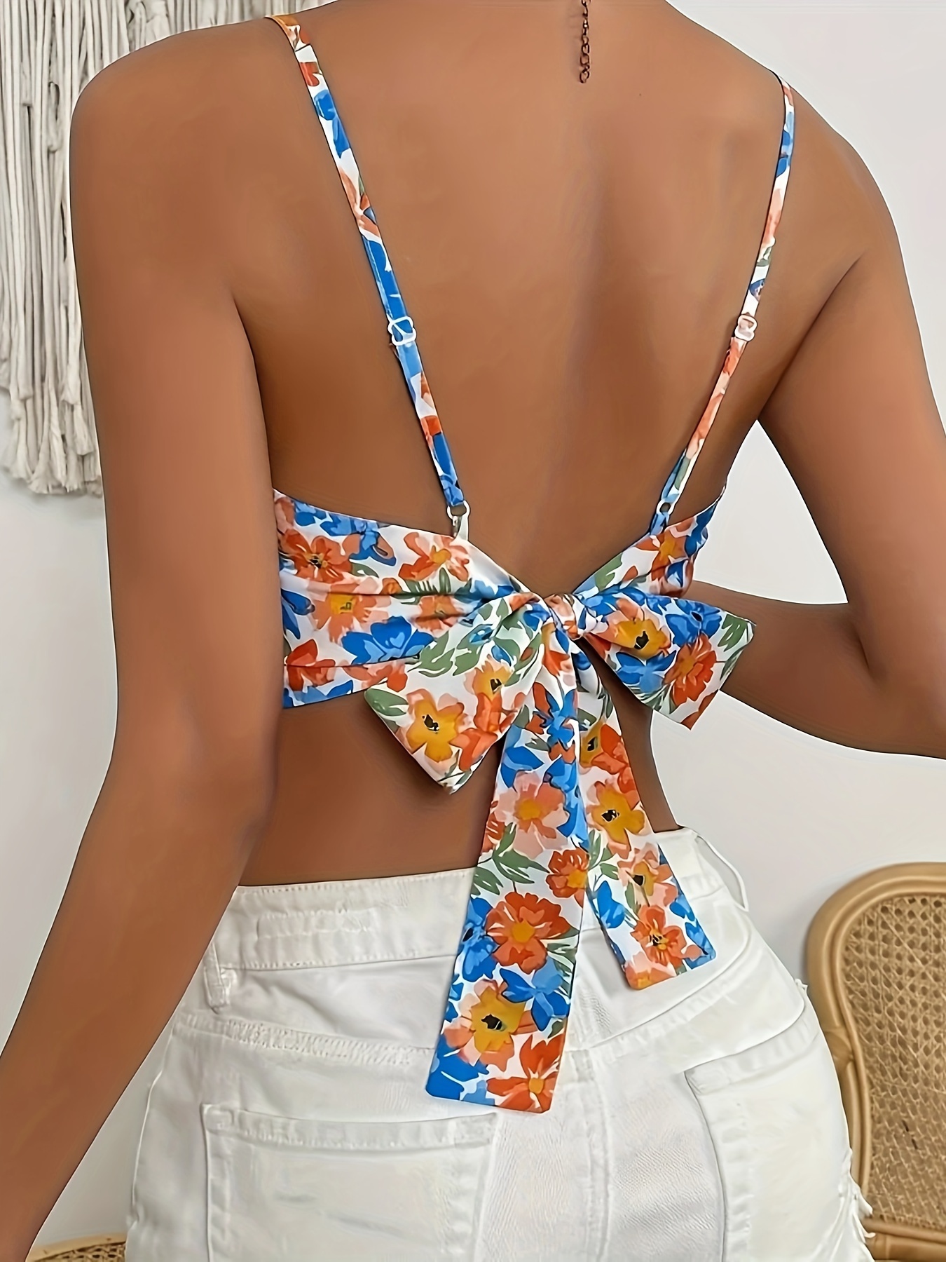 Floral Print Square Neck Cami Top, Vacation Backless Knot Spaghetti Strap Crop Top For Spring & Summer, Women s Clothing 0