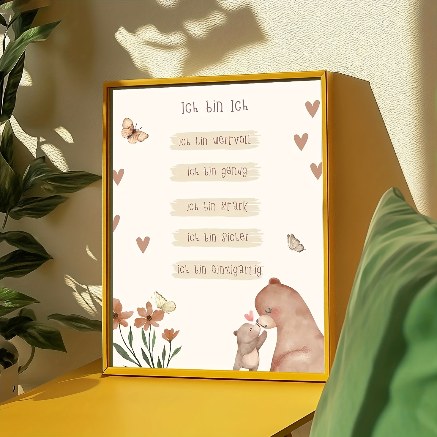 2d Flat, 2d Flat, 2d Flat 1pc Of Frameless Canvas Wall Art - "i Am Me" Affirmation Poster Featuring Illustrations Of A Bear And Its Cubs, Along With Hearts And Butterflies - Ideal For A Nursery, Room