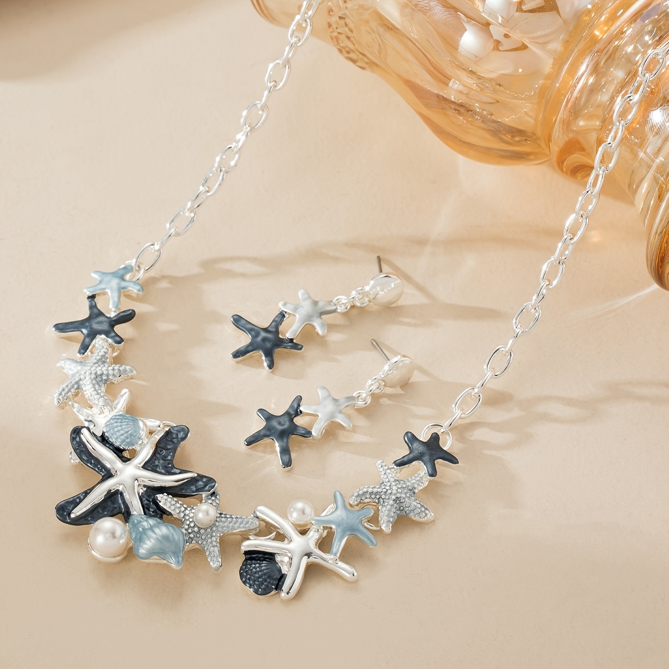 TEMU Bohemian Blue Starfish Conch Scallop Pearl Necklace Earrings 1 Set Simple Alloy Enamel Craft Sense Light Luxury High-end Sense Seaside Photo Wedding Souvenir Jewelry