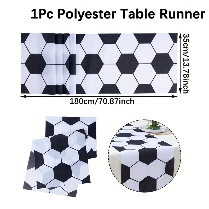 Image of 1pc Long Black And White Runner, Table Decoration, Football Sports Decor, Geometric Pattern In White And Black For Soccer Theme, Extended Decor, Soccer Party Decorations And Supplies For Dining Table