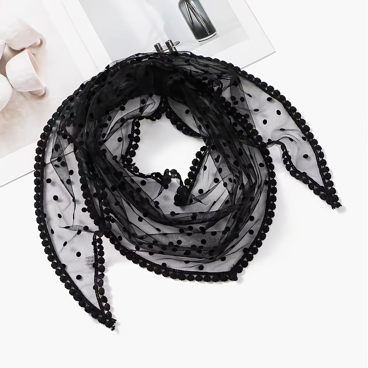 TEMU 1pc Black Lace Polka Dot Scarf, Triangular Scarf Neck Scarf Scarf Shirt Accessory Clothing Match Necktie Bag Tie Mesh Neck Scarf Women's Summer