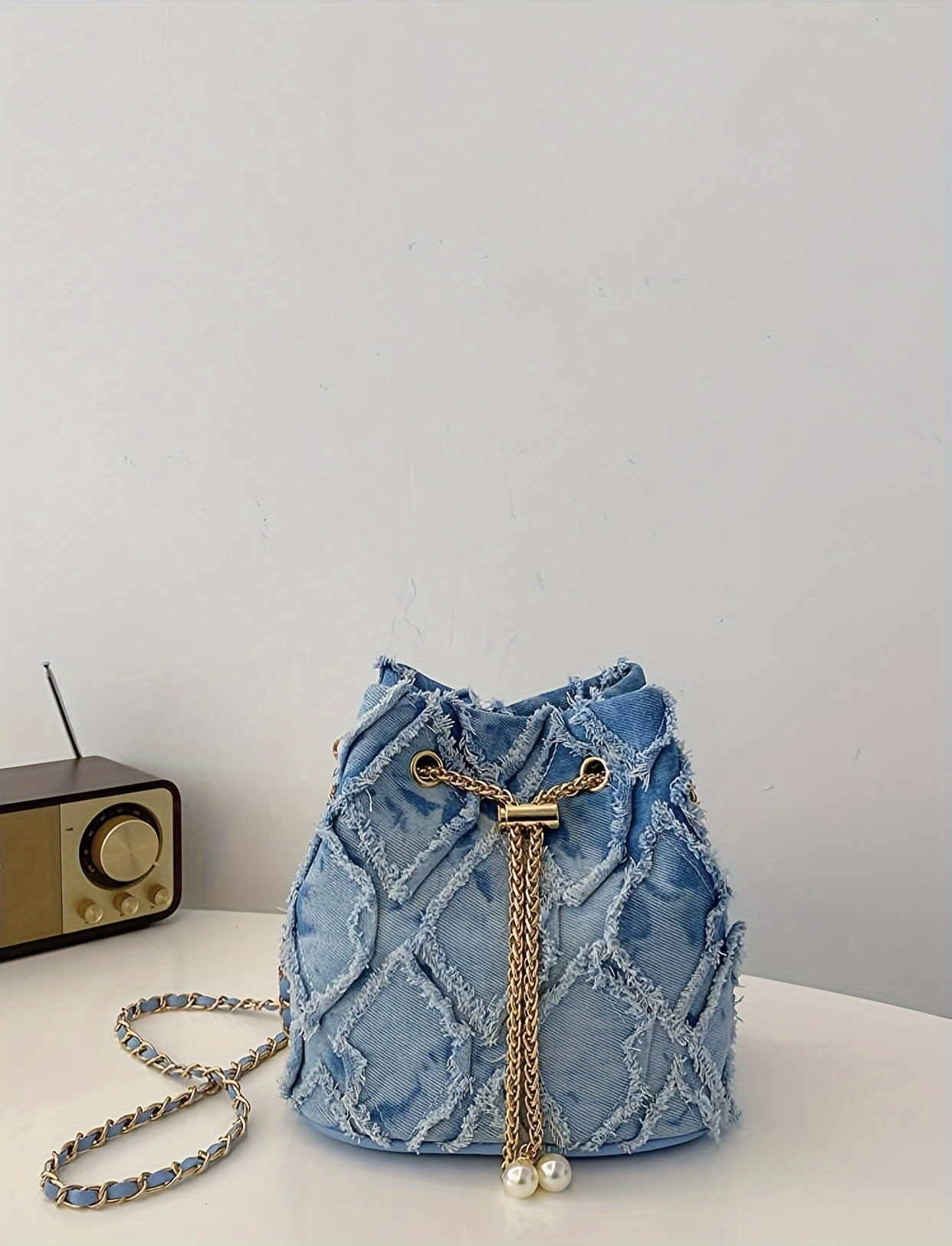 chic denim style bucket bag with faux pearl accent metal chain strap spacious crossbody for for shopping dates details 0