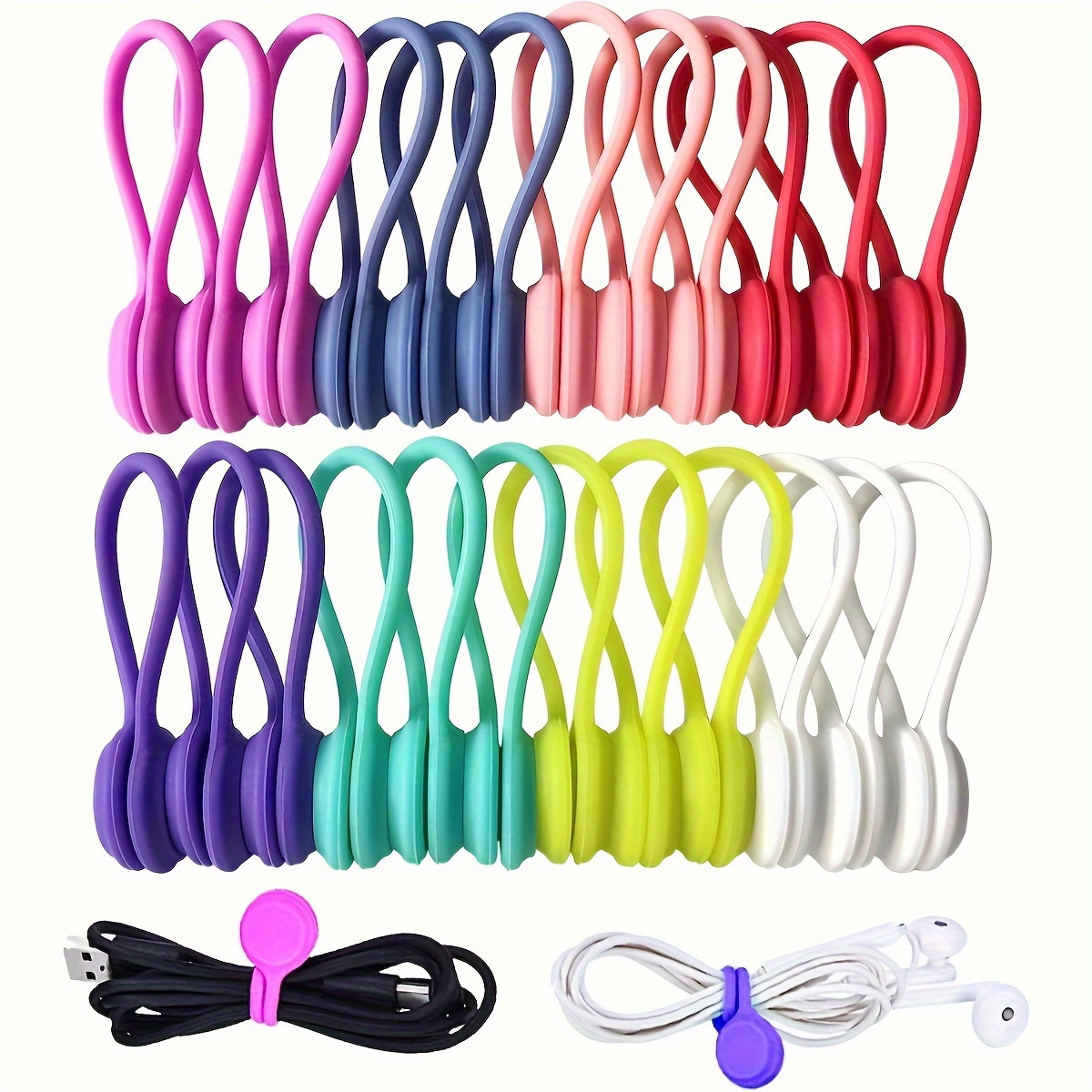 

24pcs Random Color Magnetic Cable Ties With Strong Magnet For Organizing Cables, Headphones, And Usb Cords - Silicone Cord Winder And Reusable Cable Clips Included