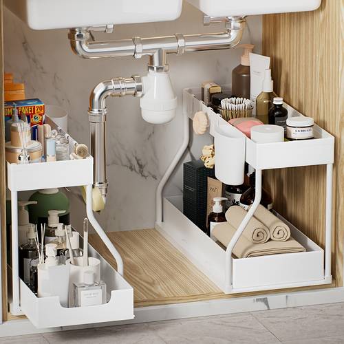 r type double layer pull out sink storage rack large capacity space saving kitchen and bathroom shelf durable design 2026 model suitable for 10 12 inch pipes black white sturdy structure