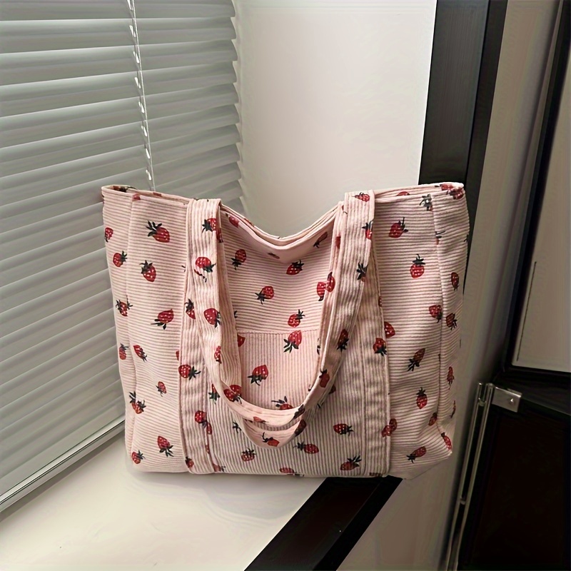 

Large Capacity Tote Bag, Fashionable Lady's Shoulder Bag, Elegant Corduroy Handbag With Printed Strawberry Design