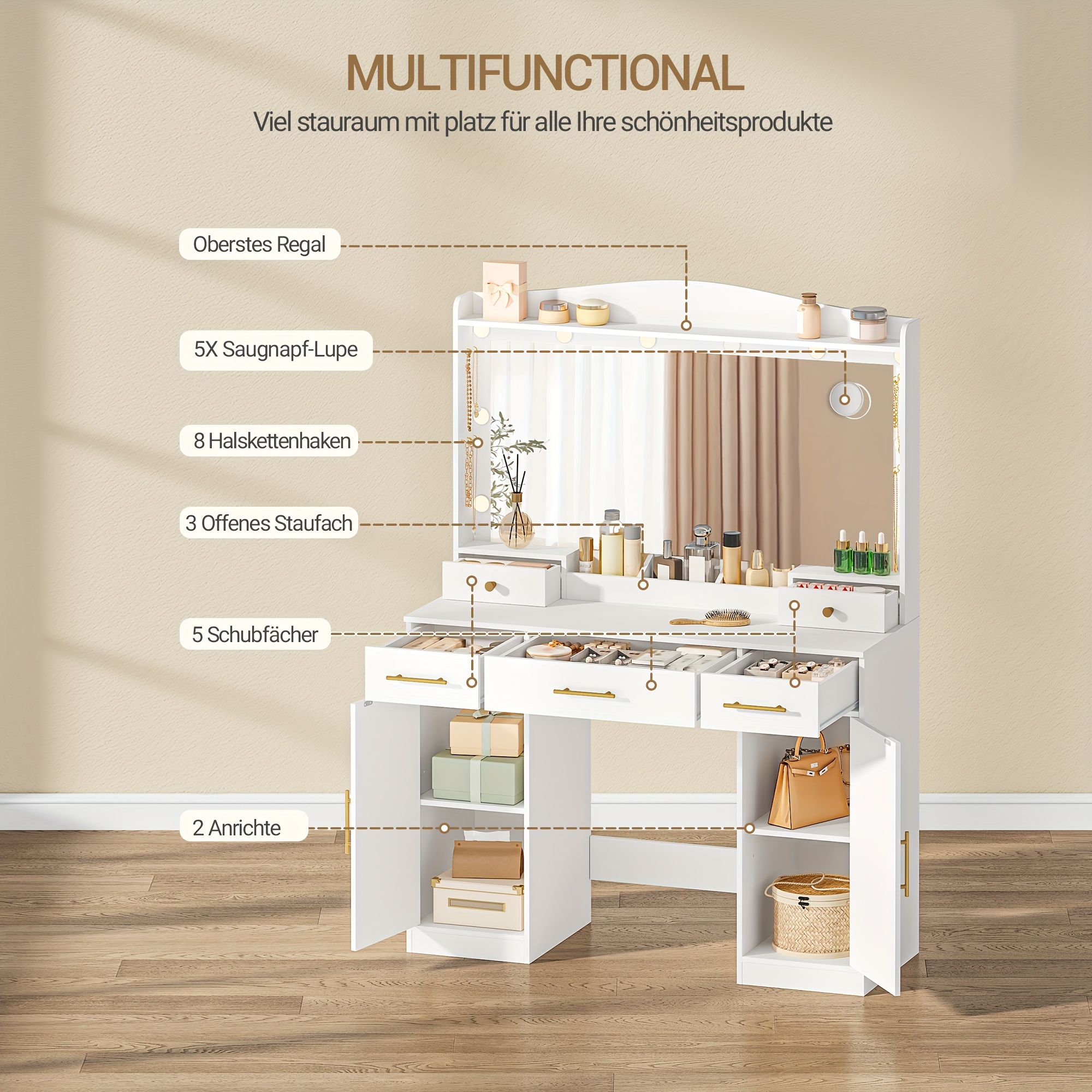 classic white dressing table with large hd   3 color adjustable led lights 5 drawers 2 open shelves 40x108x149cm plug powered european standard bedroom vanity desk dressing table for bedroom   wooden construction 1