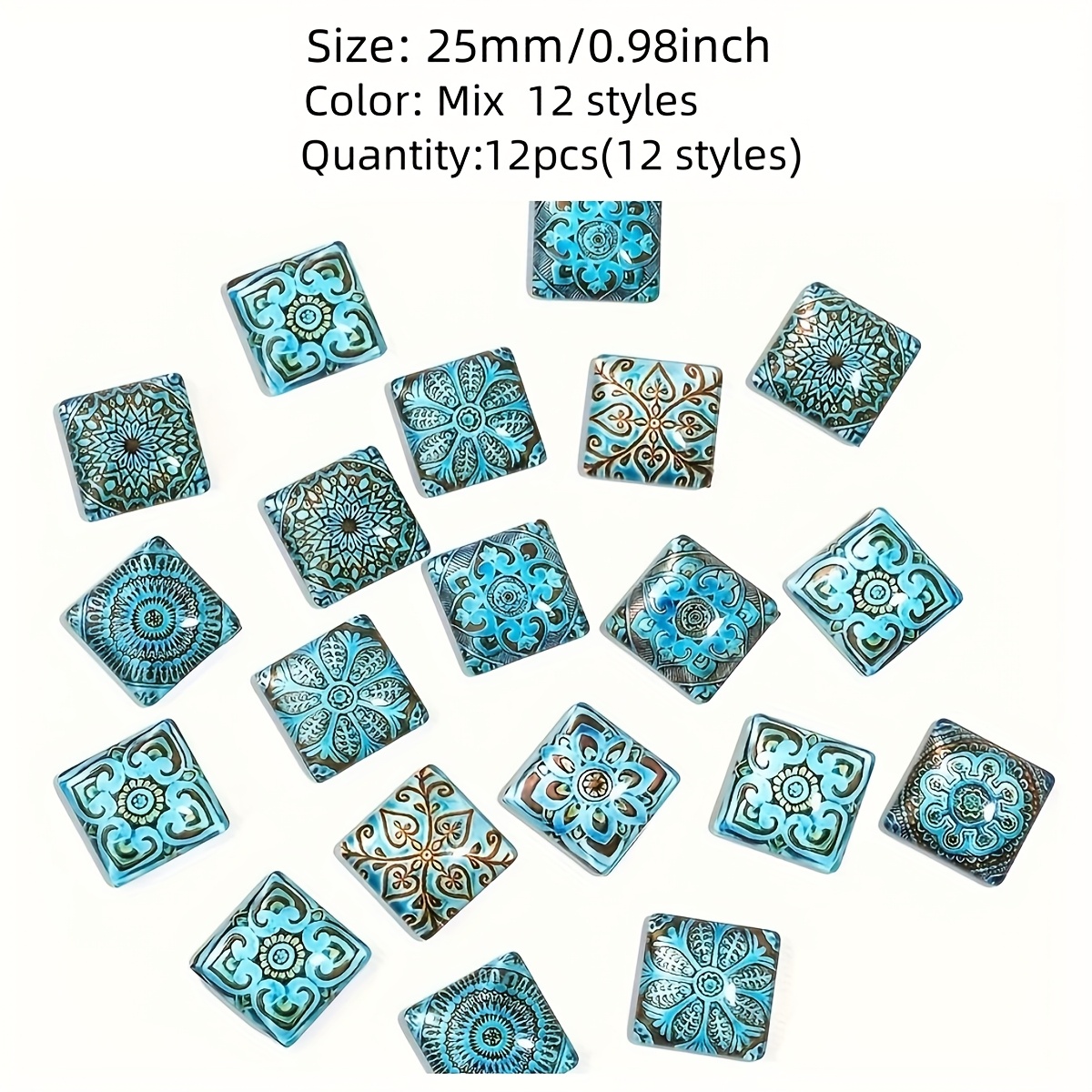 E-shop 24 Stk./15x15mm 12 Stk./20x20mm/25x25mm Blumenmuster Glasquadrat-Cabochons für DIY-Schmuckherstellung, Ringanhänger Bezels Bastelzubehör,