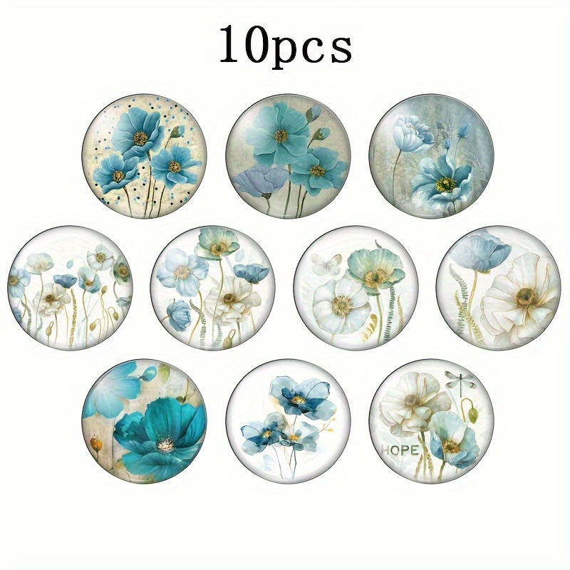 

10pcs Blue Floral Glass Cabochons, 20mm & 25mm Round Flat Back With Elegant Watercolor Designs For Jewelry Making – Diy Craft Projects, Jewelry Making Supplies | Watercolor Flowers | Round Cabochons