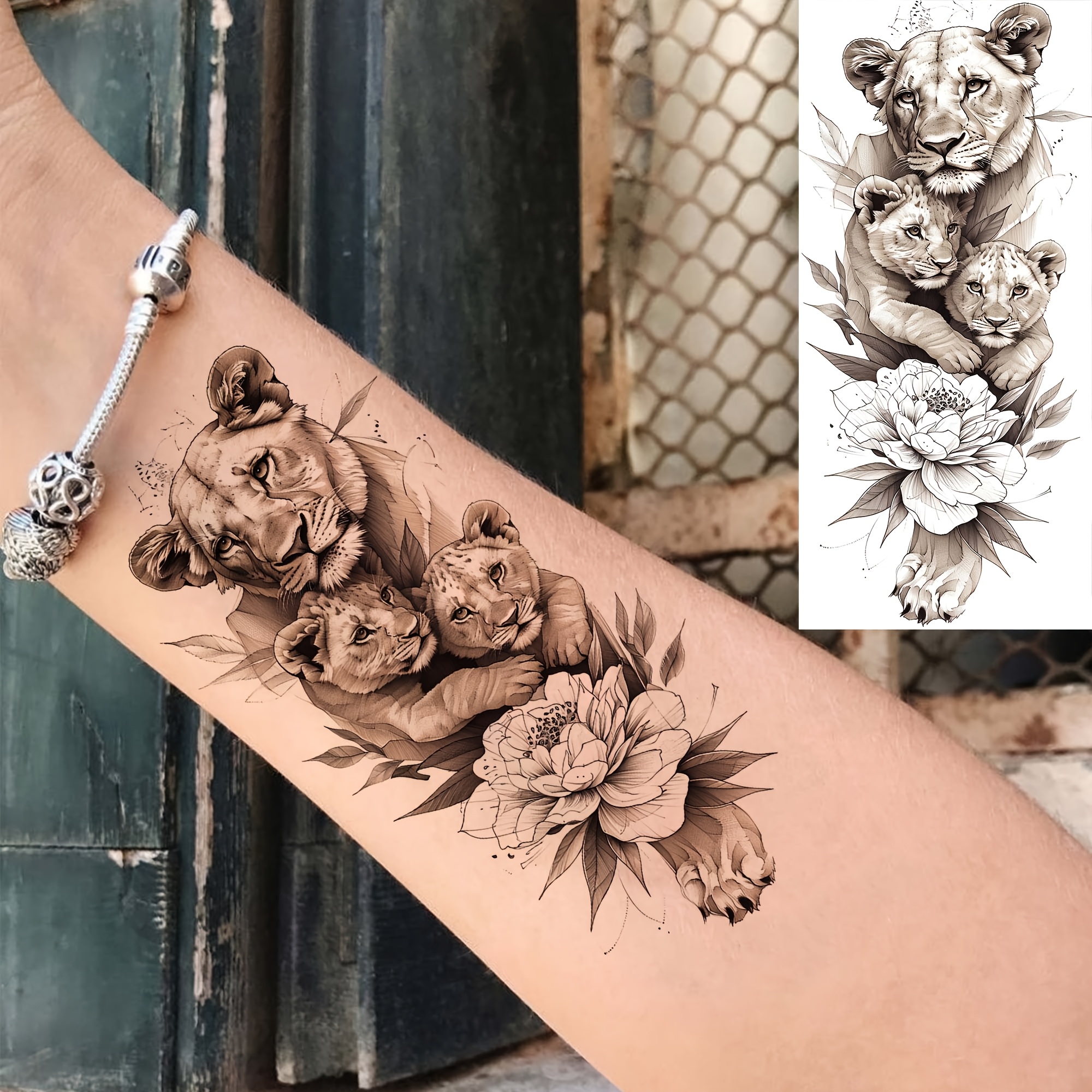 1 Sheet Lion Temporary Tattoos For Women Men Hands Finger Foot Neck Waist Legs Thigh Forearm Shank Half Sleeve Arm, Temp Fake Tattoo Stickers Waterproof Long Lasting Realistic Tatoos