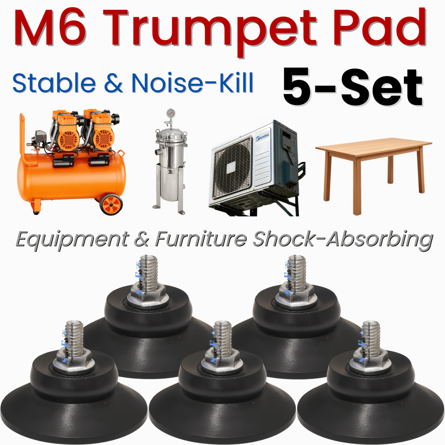TEMU 5pcs Set - Air Compressor Air Pump Rubber Base; Includes 5 Funnel-shaped Rubber Pads, 5 M6 Screws, 5 6mm Flange Nuts, Hardened And Thickened