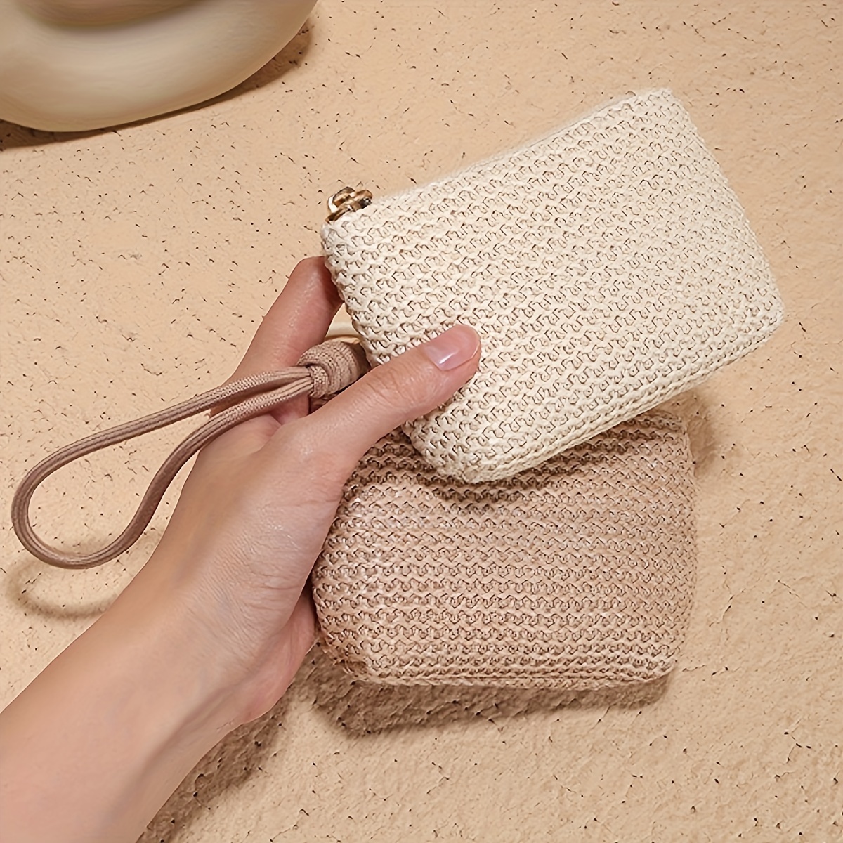 

Handheld Woven Clutch Purse With Zipper Closure - Solid Color Fabric , Holder With Polyester Lining And Wrist Strap