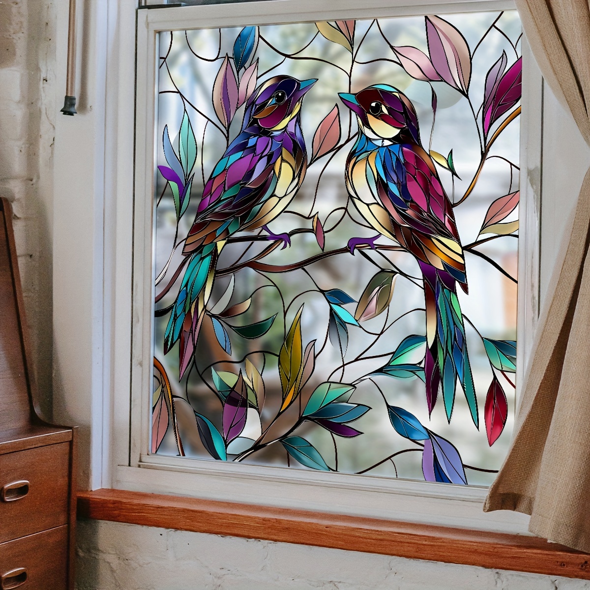 

Vintage Stained Glass Bird And Branch Window Cling - 45x45cm Double-sided Electrostatic Decor For Bedroom & Balcony, Vibrant Hummingbird Design With Intricate Leaf Patterns, Pvc Material, Single Use