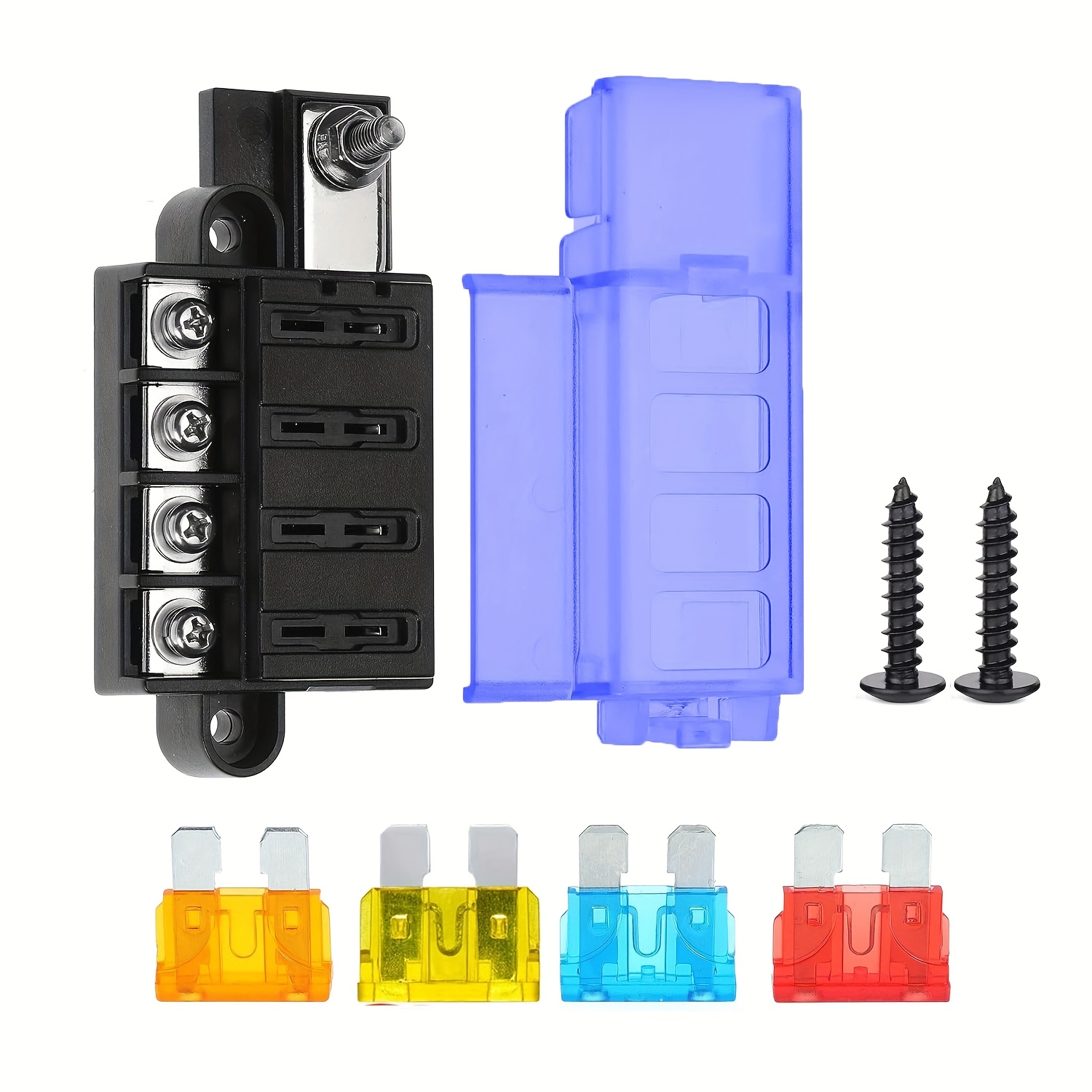 Image of Compact 4-circuit Blade Fuse Block With Cover - #8 Screw Mount, 100a Max Current For Cars & Boats