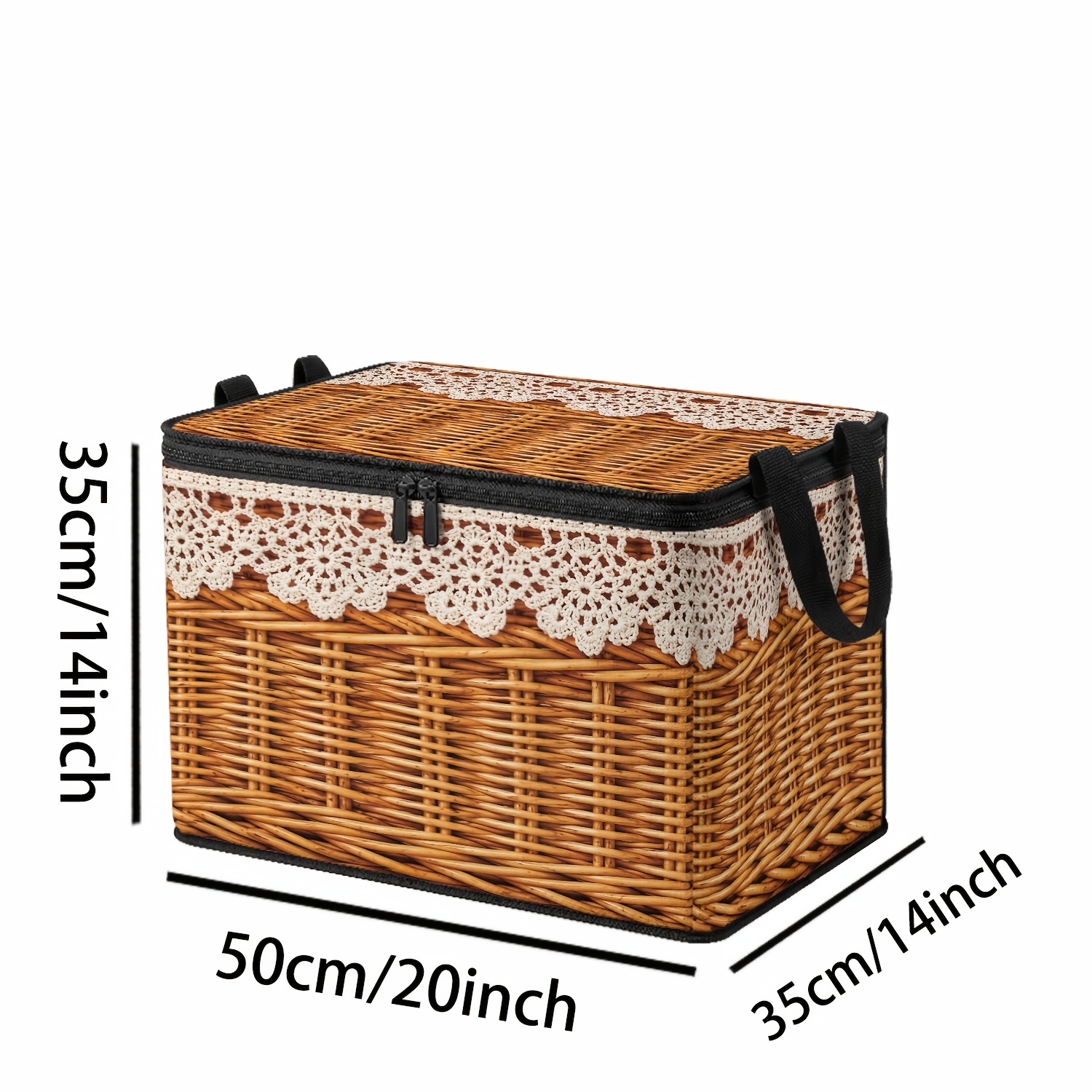 TEMU 1pc Wicker Basket Lace Trim, 2d Flat Printed Natural Pastoral Theme Large Capacity Storage Box, Country Retro Style Foldable Storage Bin, With