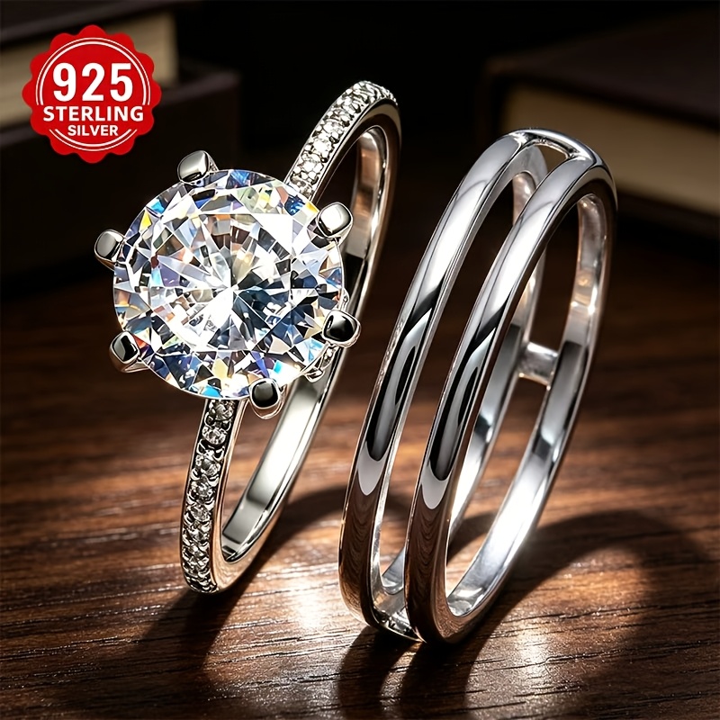 Image of 1.5-carat S925 Silver Ring, Elegant And Matching Pair Design, Suitable For Engagement, Anniversary, Birthday Gifts, Includes Gift Box, Party Commemorative Jewelry, For To Girlfriend