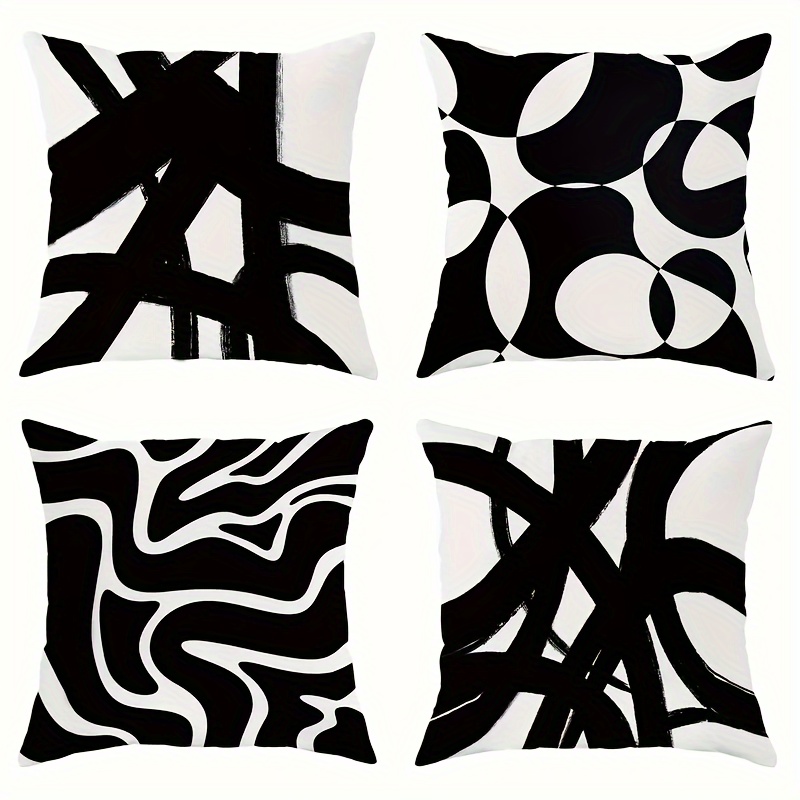 TEMU Modern Geometric Black & White Square Pillowcases 4pcs - Single Side Print, Polyester, Zip Closure, Machine Washable - Perfect For Living Room, Bedroom, Sofa Decor - 18