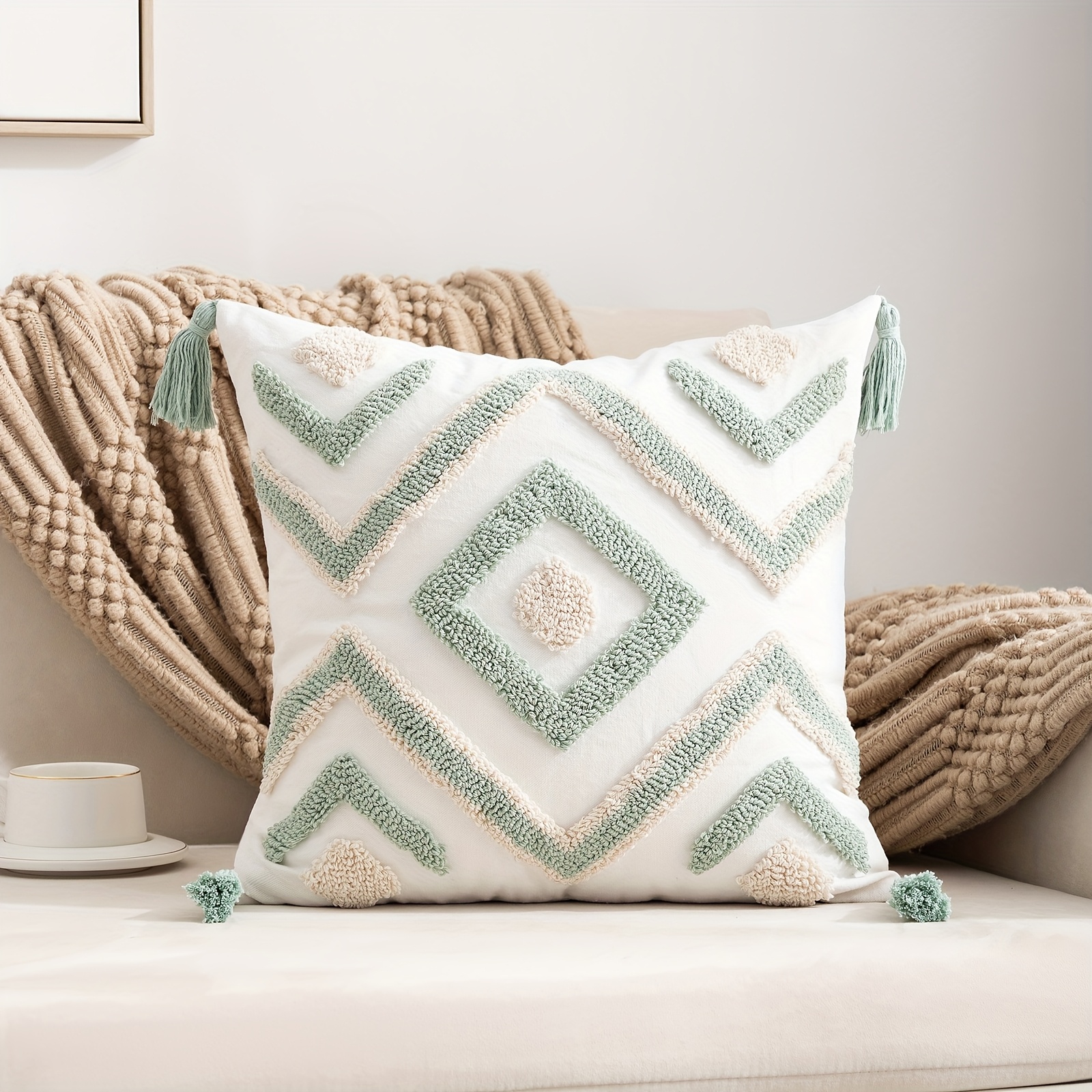 E-shop 1/2 Stück Luxus Böhmen Boho Tufted Geometrische Kissenbezüge mit Quasten, strukturierte Kissen, Kissenbezüge, neutrale Kissenbezüge, dekorativer