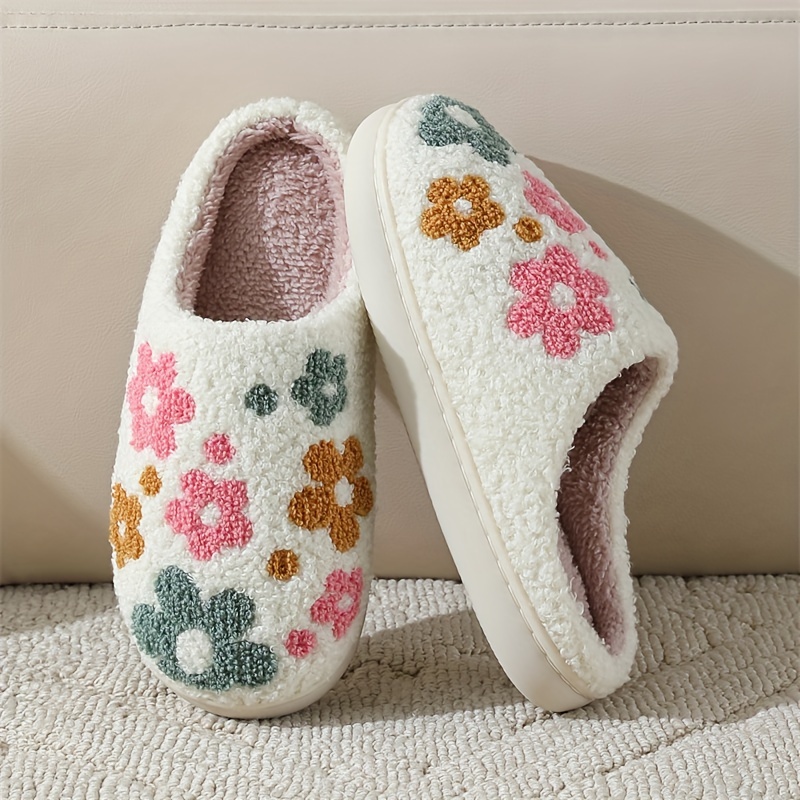 

Chaussons d'Hiver en Peluche Confortables avec Motif Floral Coloré - Chaussures de Maison en Tissu Chaud et Confortable avec Semelle TPR Antidérapante pour Utilisation Intérieure/Extérieure