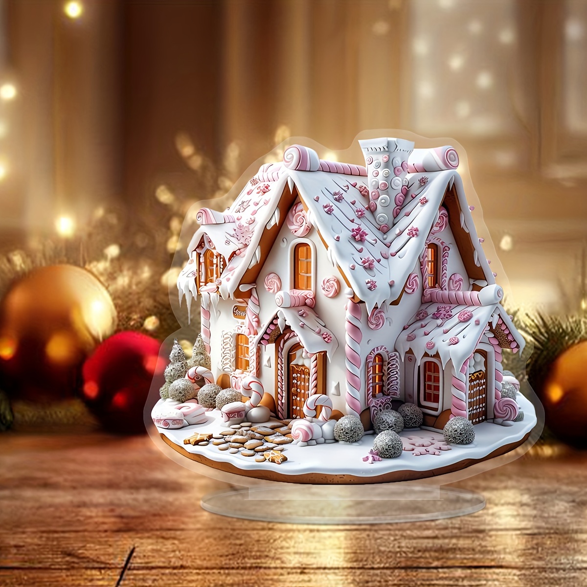 

Festive Gingerbread House With Red , Snowy Roof, And Acrylic Stand - Home And Office Decorations