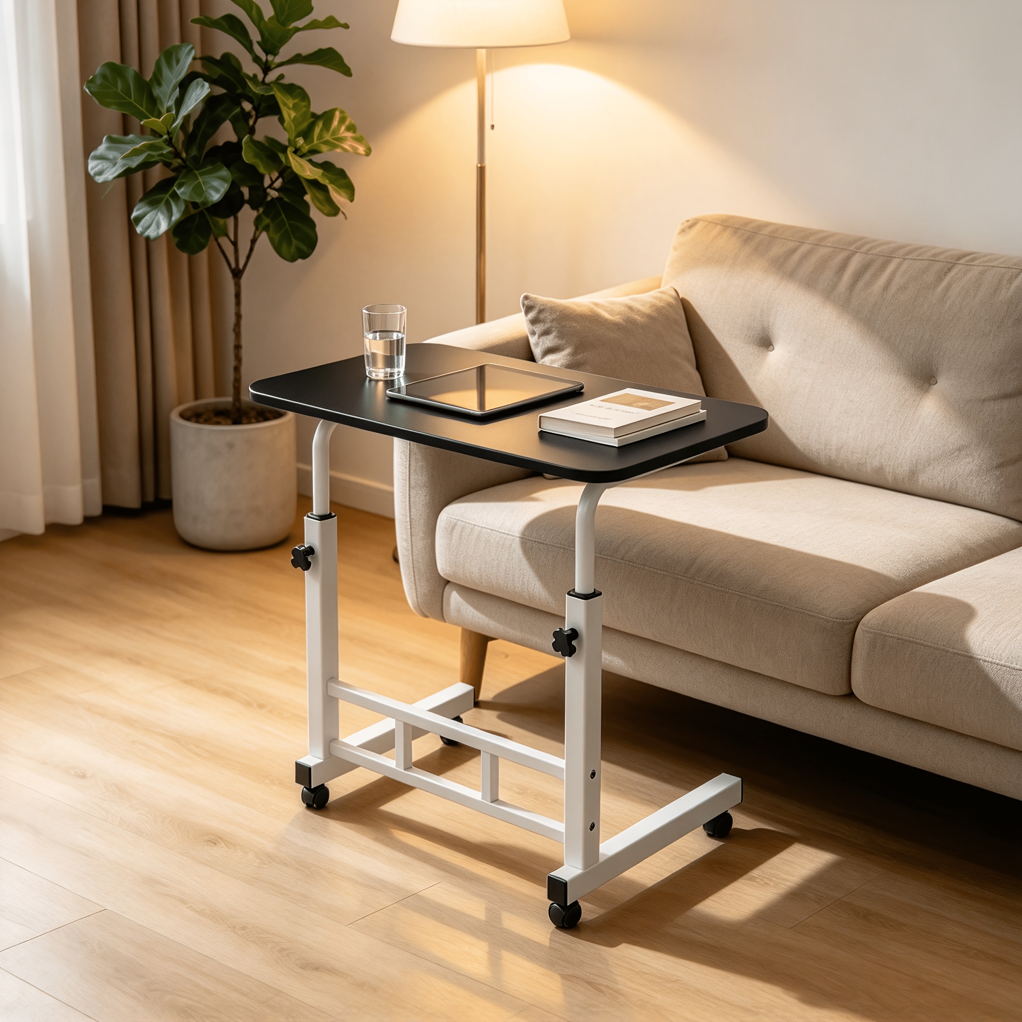 TEMU Black Adjustable Computer Desk With Wheels, Standing Desk, Multi-functional Laptop Table, Portable Bedside Sofa Side Table, Overbed Table For
