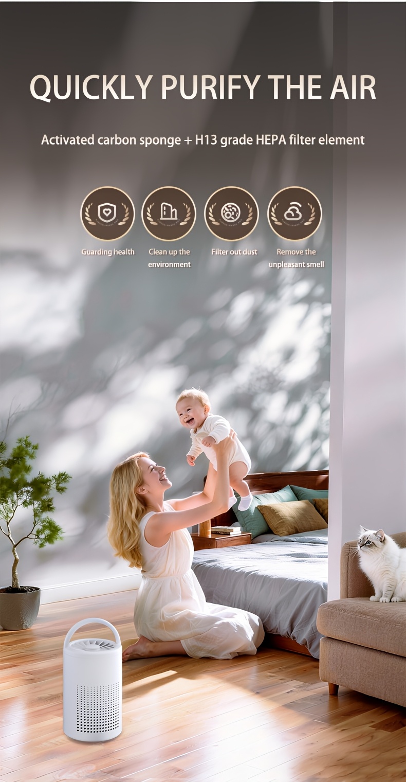 Air Purifier with HEPA Filter, Removes Smoke, Pollen, and Pet Hair, Eliminates Odors, Low Energy Consumption, Suitable for Bedrooms and Offices