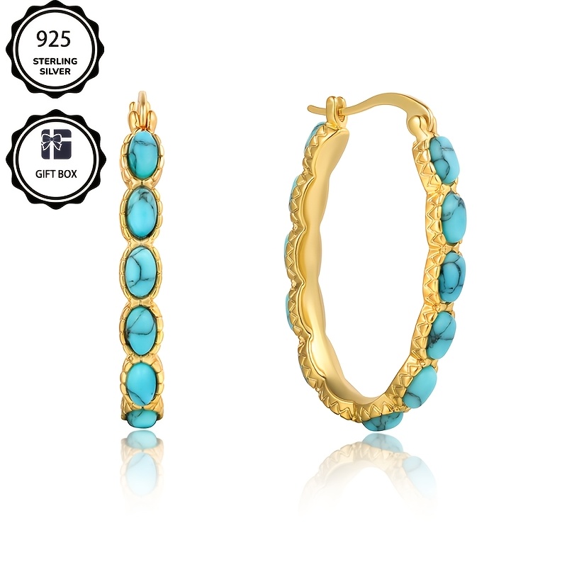 Image of 925 Sterling Silvery Turquoise Earrings, With A Silvery Content Of 5.2g, Bohemian Style, Suitable For Daily Wear, A Christmas Gift , And With Exquisite Packaging.